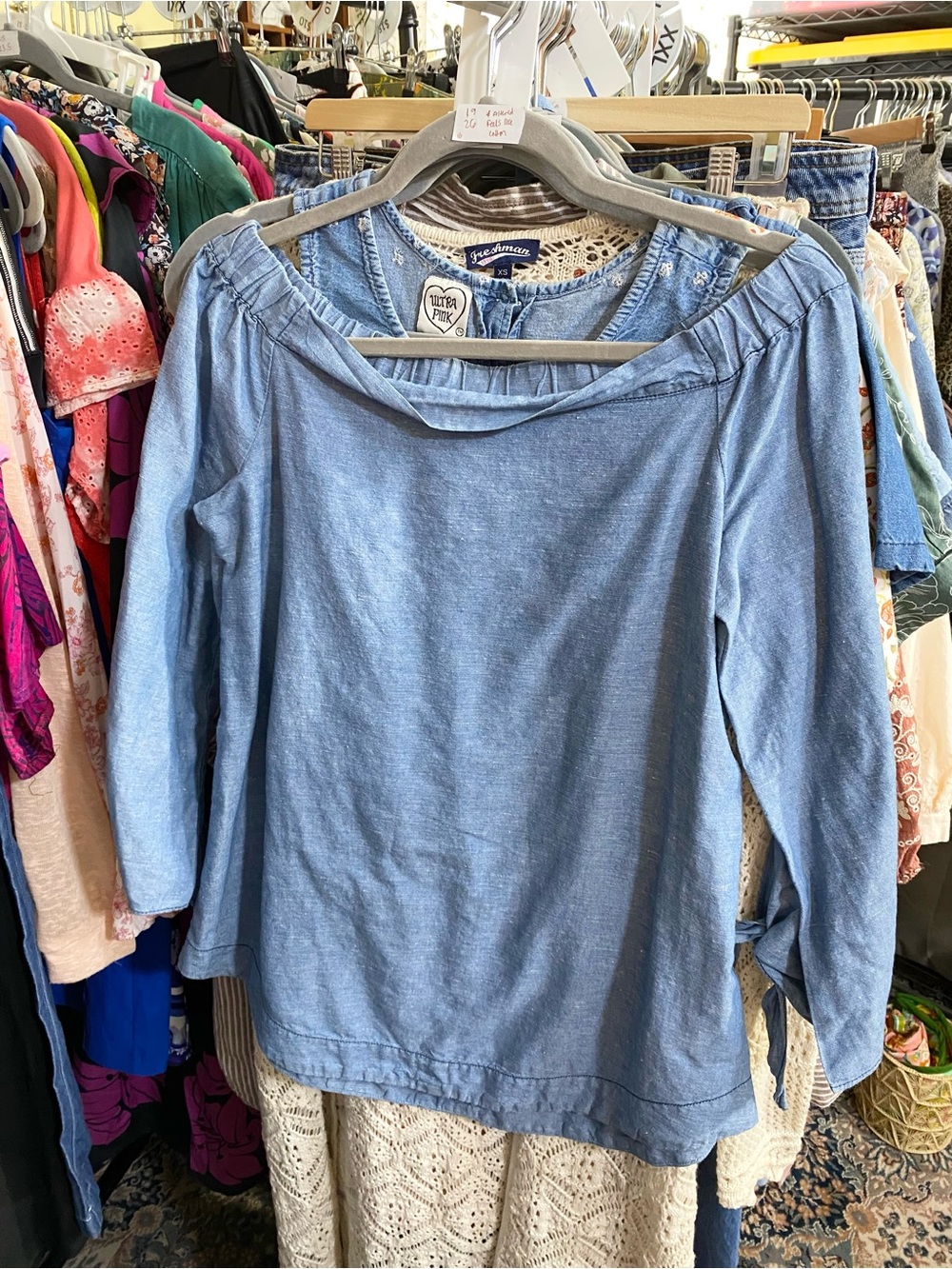 Free people size XS off the shoulder 3/4 sleeve tunic top chambray